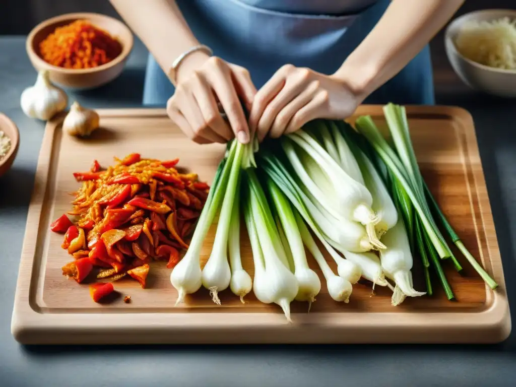 Ingredientes frescos para hacer kimchi sin gluten receta fácil: chiles rojos, col napa, ajo, jengibre y cebollas verdes en tabla de madera rústica