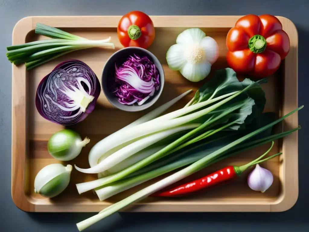 Ingredientes frescos para receta kimchi sin gluten casero: repollo morado, chiles rojos, cebollas verdes y especias, sobre tabla de madera