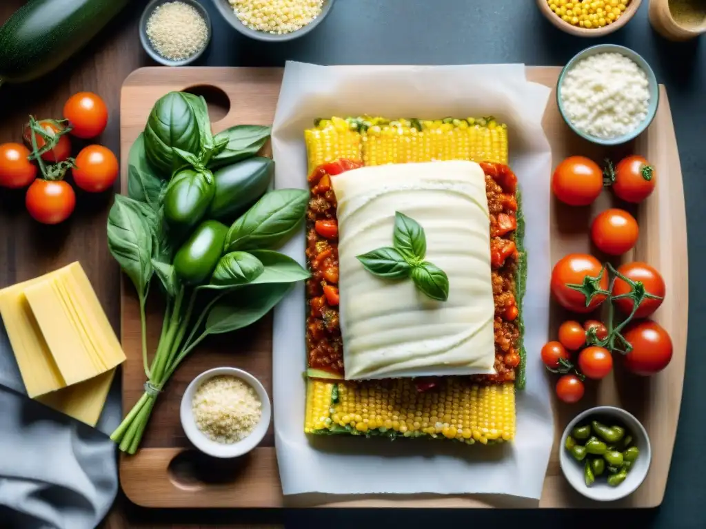 Ingredientes frescos para recetas de lasaña sin gluten: tomates, albahaca, maíz, calabacín, queso ricotta y pasta de arroz en tabla de madera rústica