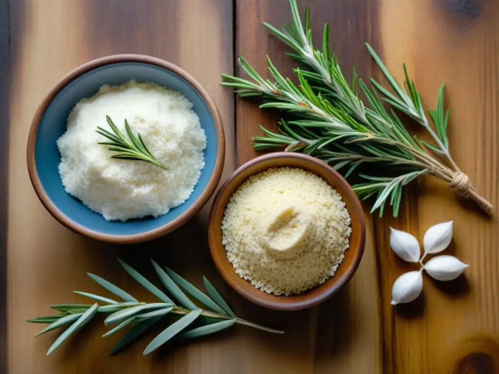 Ingredientes sin gluten para panes y masas, presentados con detalle en mesa rústica