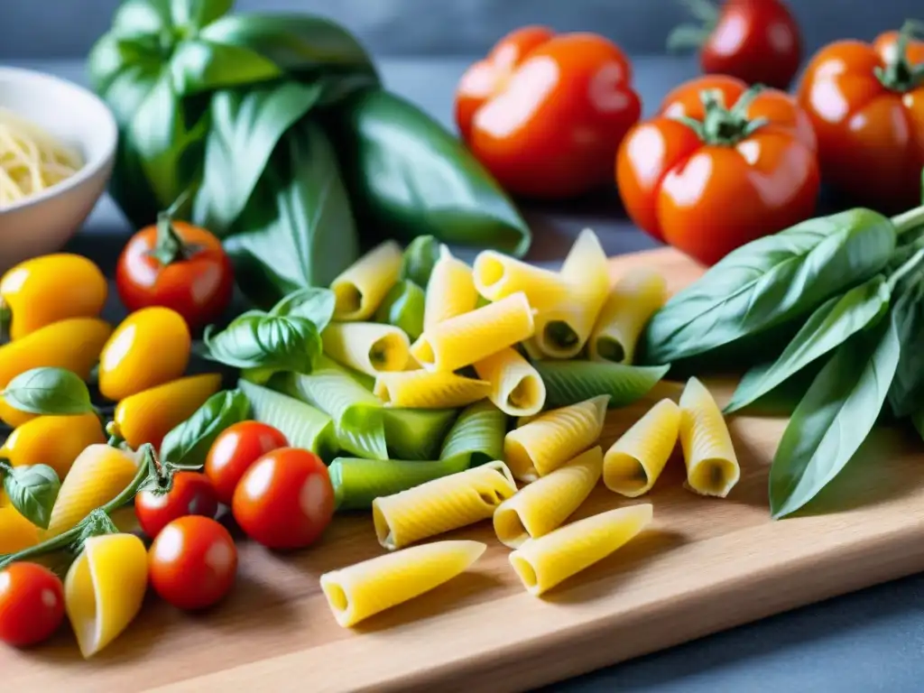 Ingredientes vibrantes para recetas de pastas sin gluten en tabla de madera