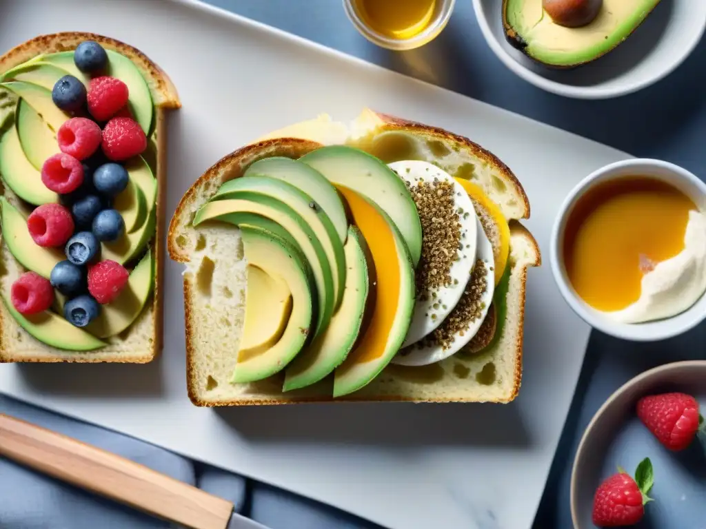 Innovaciones pan sin gluten desayuno: Variedad de panes sin gluten decorados con ingredientes frescos y coloridos, creando una exhibición apetitosa