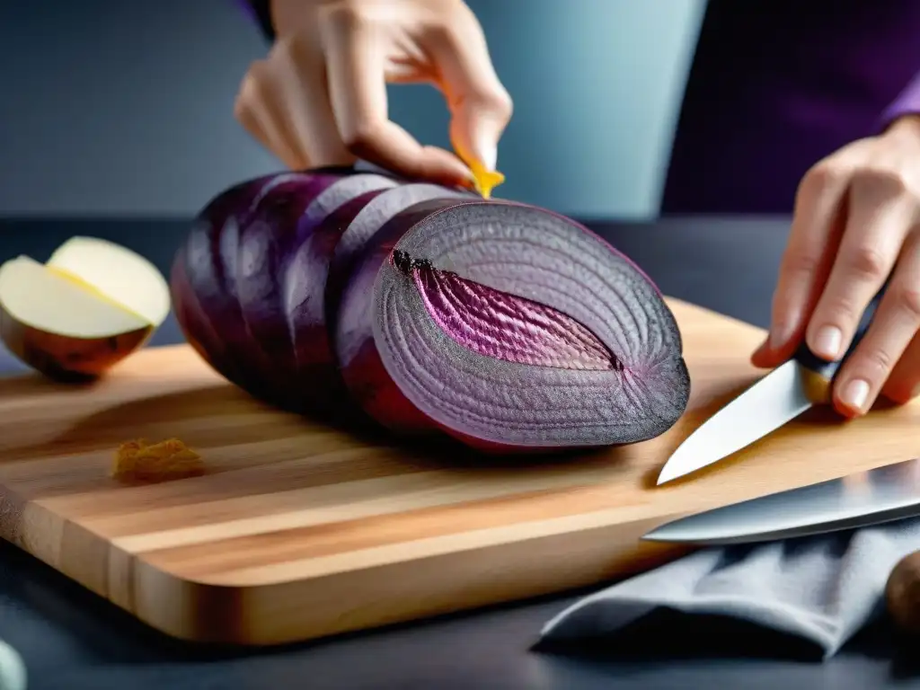 Un innovador ingrediente sin gluten: una batata morada siendo cortada en finas rodajas sobre una tabla futurista