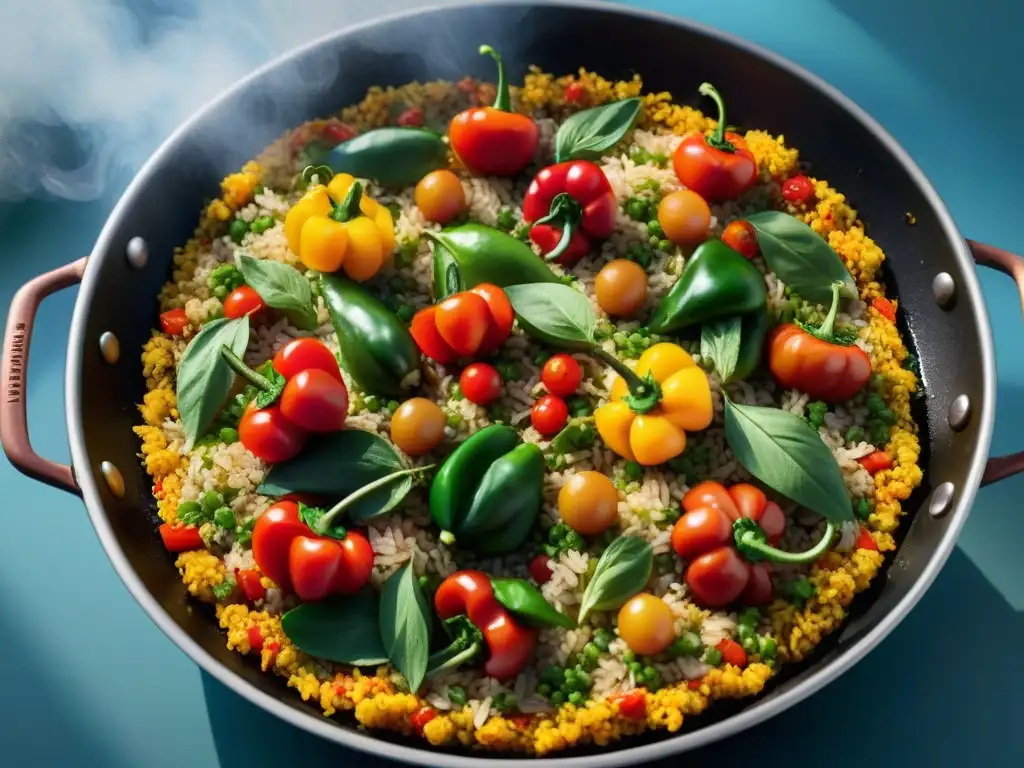 Una innovadora receta de paella sin gluten con ingredientes frescos y coloridos cocinando en una paellera tradicional sobre fuego abierto