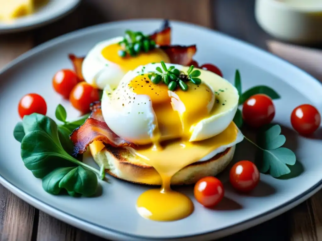 Deléitate con unos innovadores huevos Benedictinos sin gluten, deliciosamente presentados en un muffin inglés sin gluten