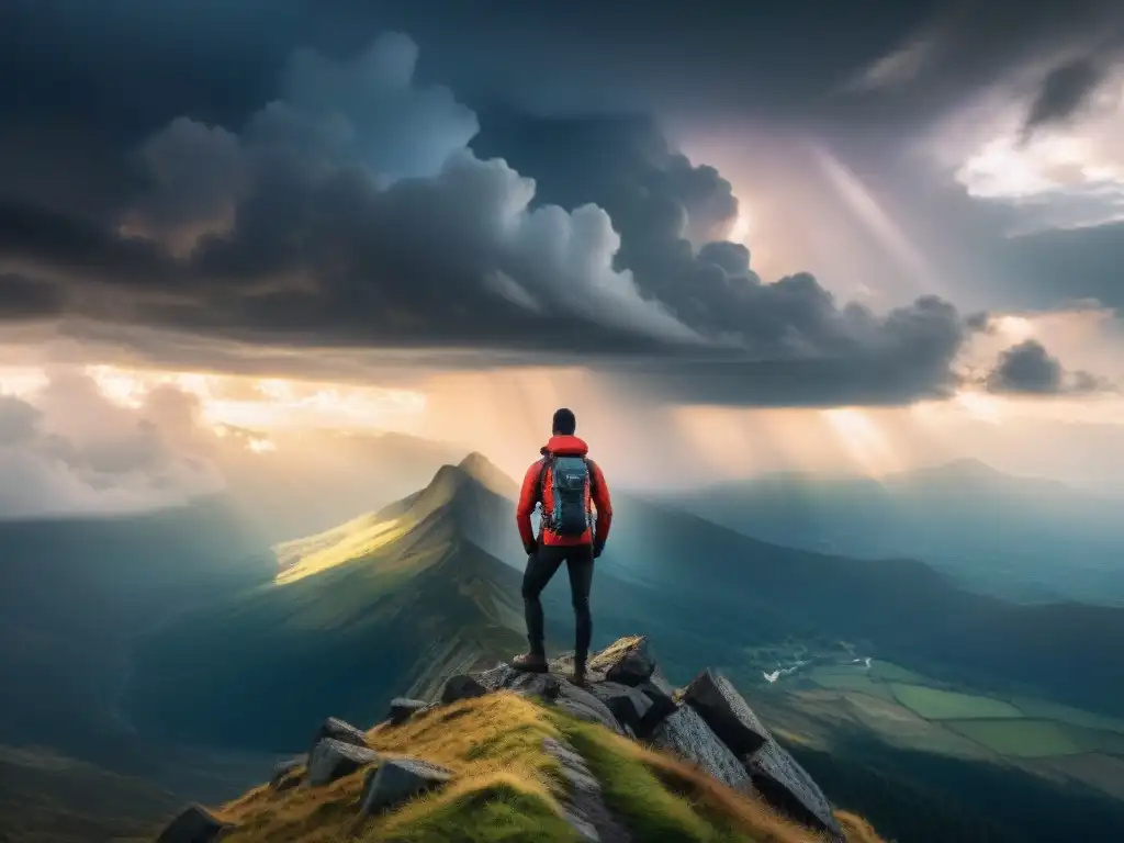 Inspiradora imagen de superación en la cima de una montaña, con una luz de esperanza entre las nubes