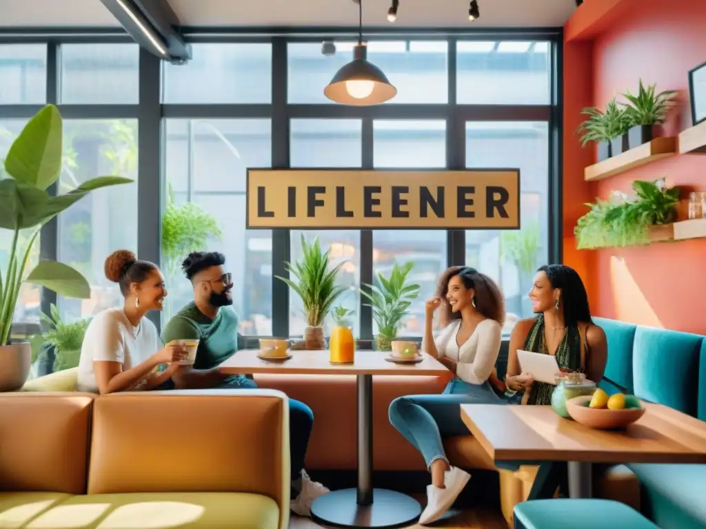 Inspiradora colaboración con influencers sin gluten en un café moderno y vibrante