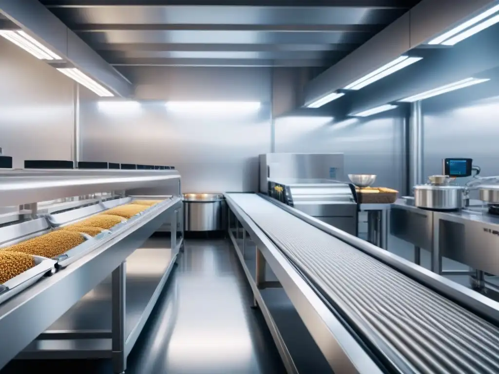 Fábrica futurista de alimentos sin gluten Una instalación futurista de producción de alimentos sin gluten con tecnologías emergentes, maquinaria avanzada y eficiencia innovadora