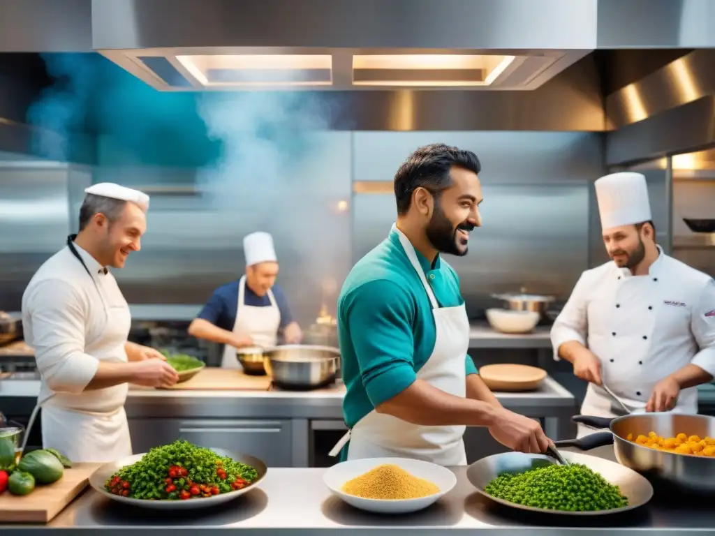 Intensa competencia en maratón de cocina sin gluten, chefs aficionados cocinan con entusiasmo en cocina moderna