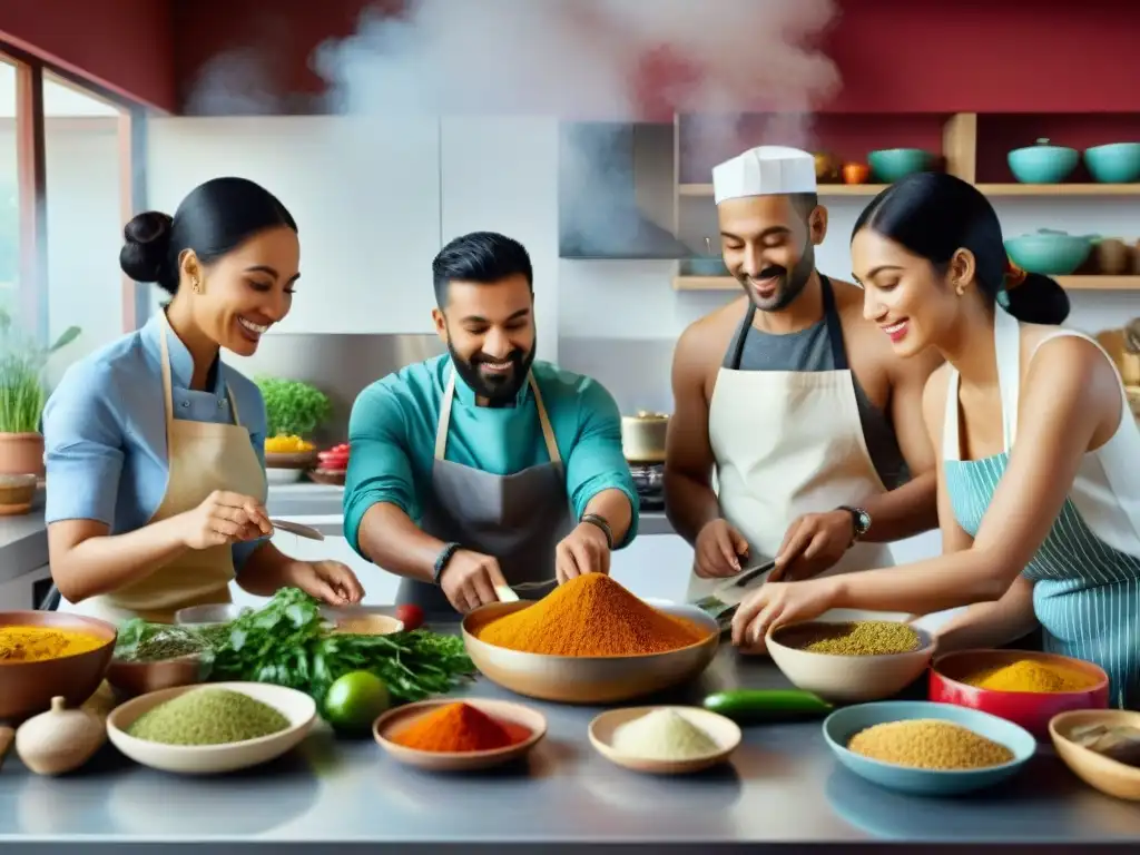 Un intercambio cultural en una cocina sin gluten, donde personas de diferentes culturas cocinan juntas en armonía y creatividad