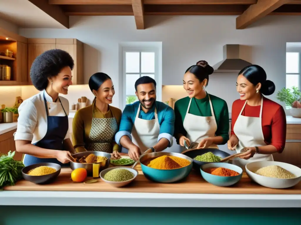 Un intercambio cultural en una cocina sin gluten: personas diversas cocinan alegremente platos internacionales en un ambiente vibrante y detallado