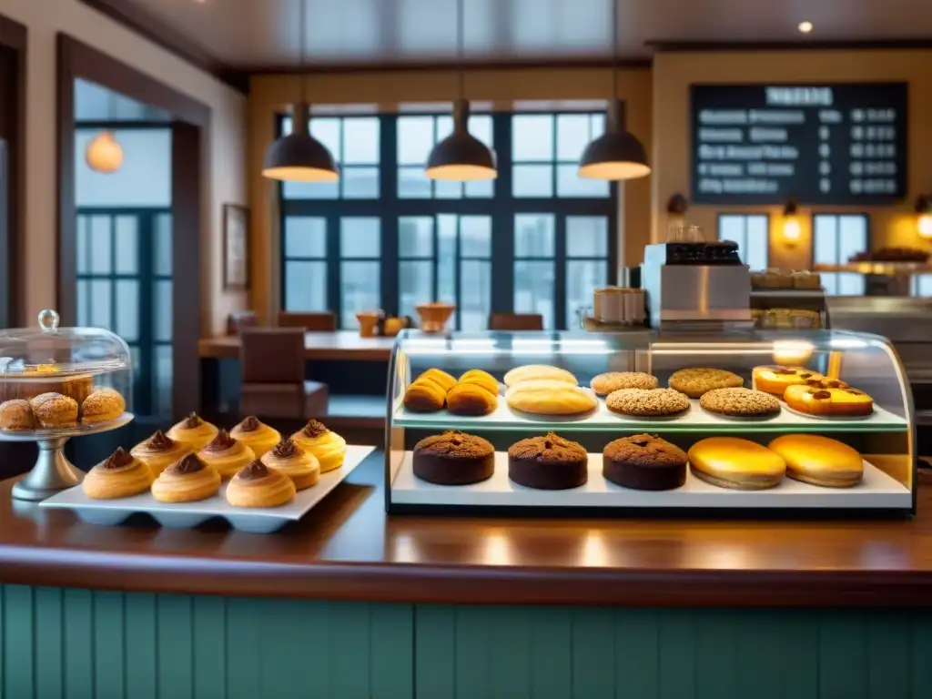 Interior acogedor de cafetería sin gluten con variedad de pasteles en un mostrador de madera