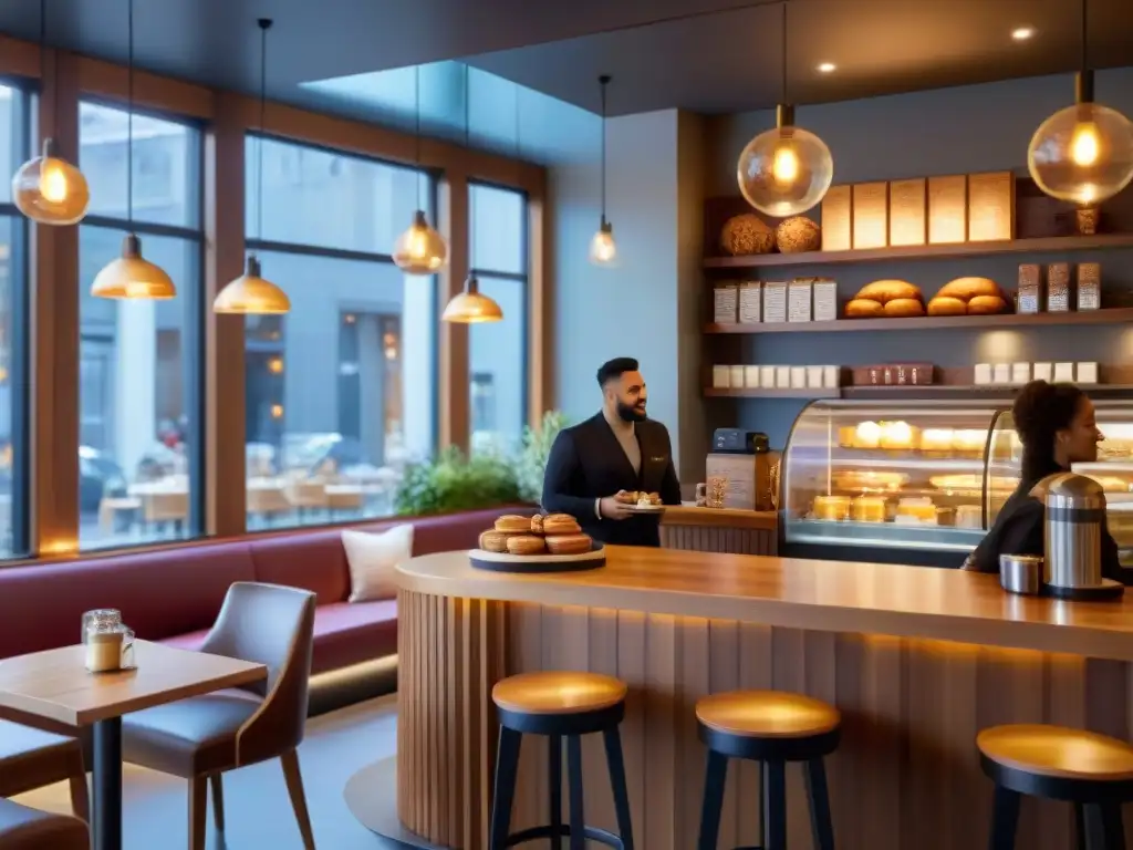 Interior acogedor de cafetería moderna con ambiente chic, mobiliario de madera y variedad de pasteles y bebidas sin gluten innovadoras