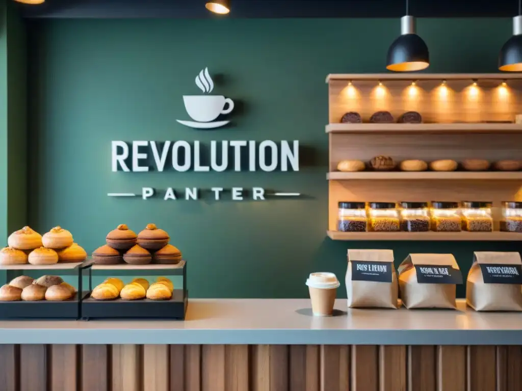 Interior acogedor de cafetería moderna con pastelería sin gluten y café artesanal