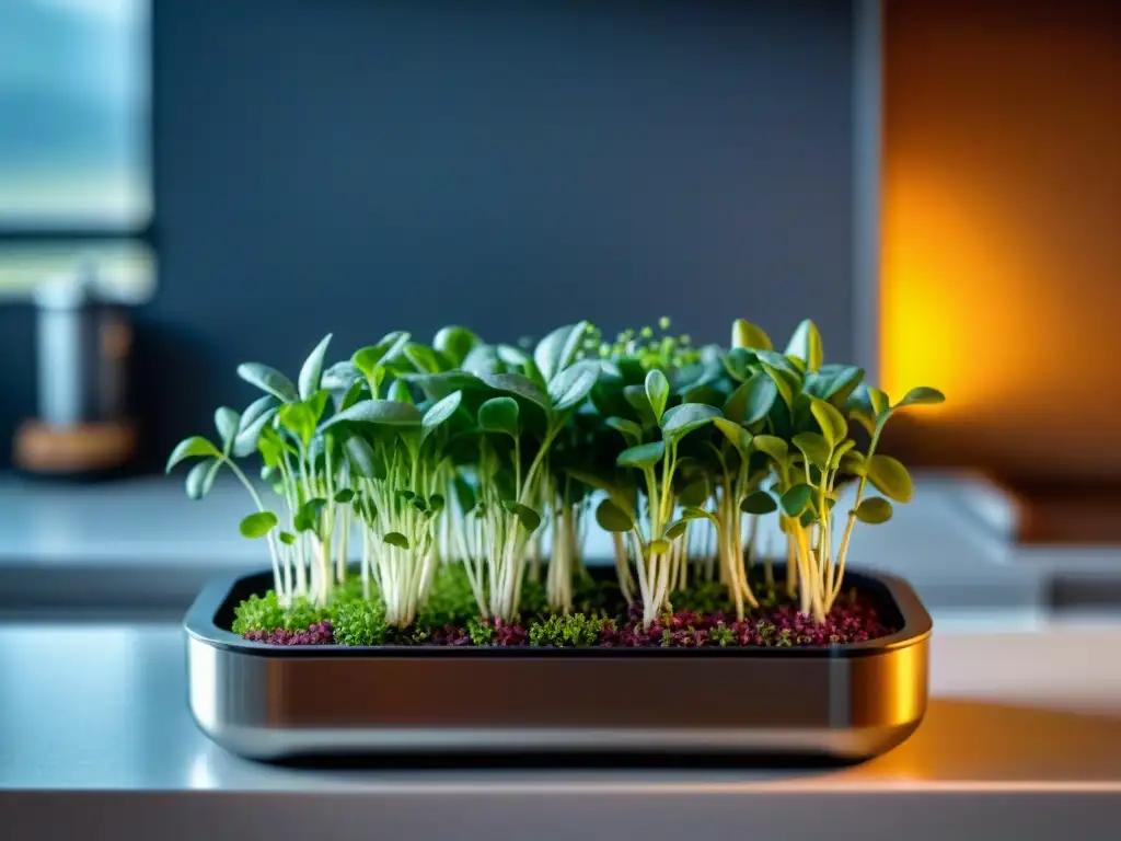 Un jardín interior compacto con microvegetales en contenedores, resaltando colores y texturas vibrantes