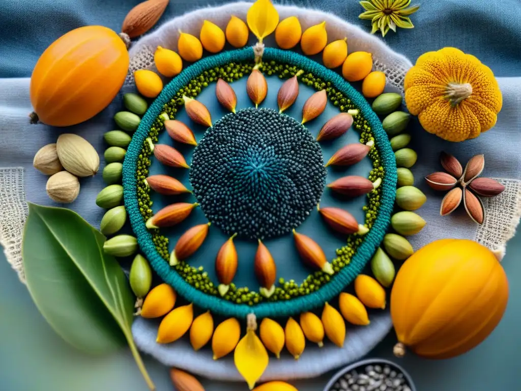 Una intrincada mandala de semillas y frutos secos sin gluten en vibrantes colores y texturas naturales