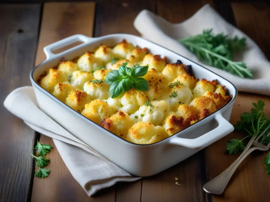 Una irresistible gratin de coliflor sin gluten, con queso fundido y hierbas frescas, sobre una mesa rústica