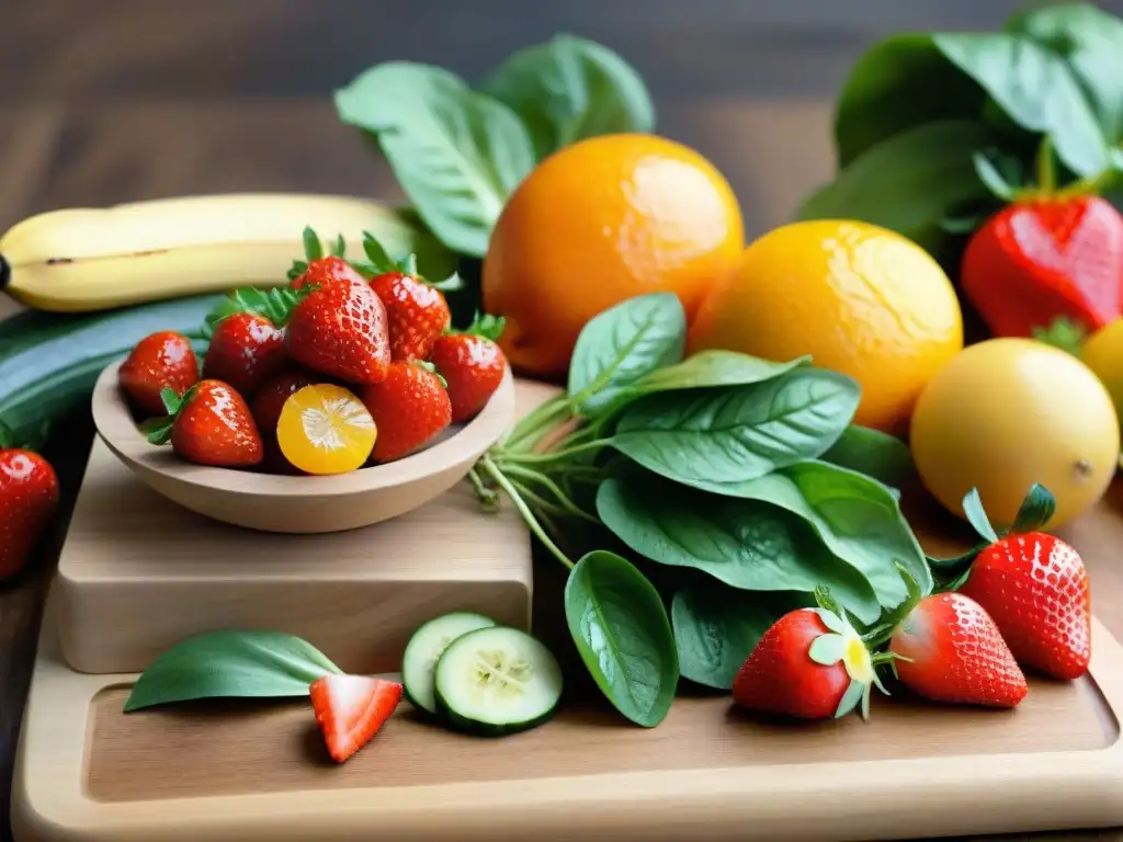 Una irresistible selección de frutas y verduras frescas en tabla de madera, ideal para jugos sin gluten para niños