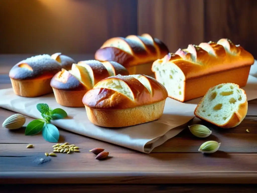 Una irresistible selección de panadería sin gluten en una mesa rústica, con una cálida iluminación que realza su delicioso aspecto