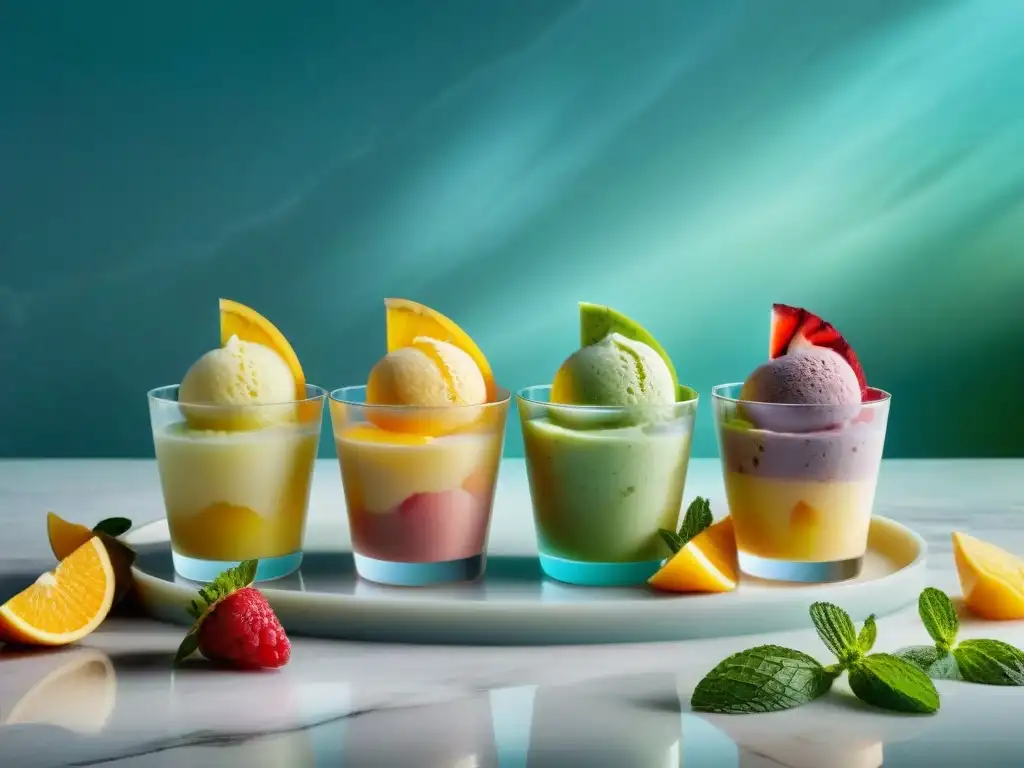 Exquisitos sorbetes y helados sin gluten en cristal, ¡deliciosa frescura! Una irresistible selección de helados sin gluten caseros en tonos pastel, decorados con frutas frescas y miel, en un elegante mostrador de mármol