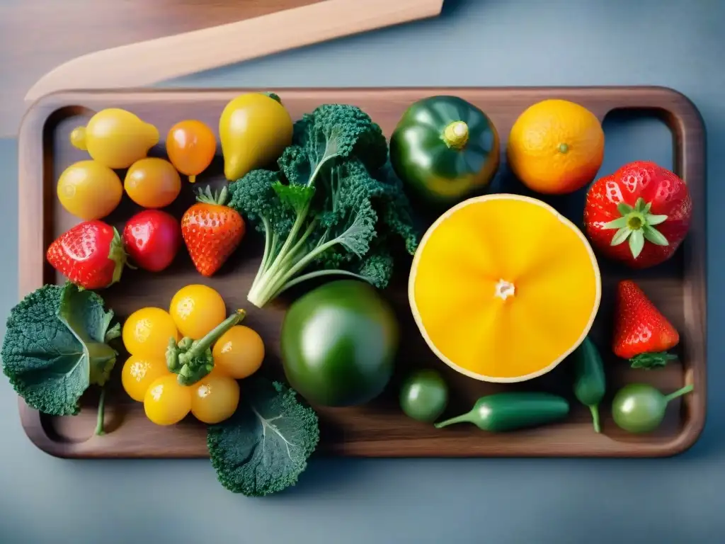 Una irresistible variedad de frutas y verduras coloridas con gotas de agua brillante en una tabla de cortar de madera