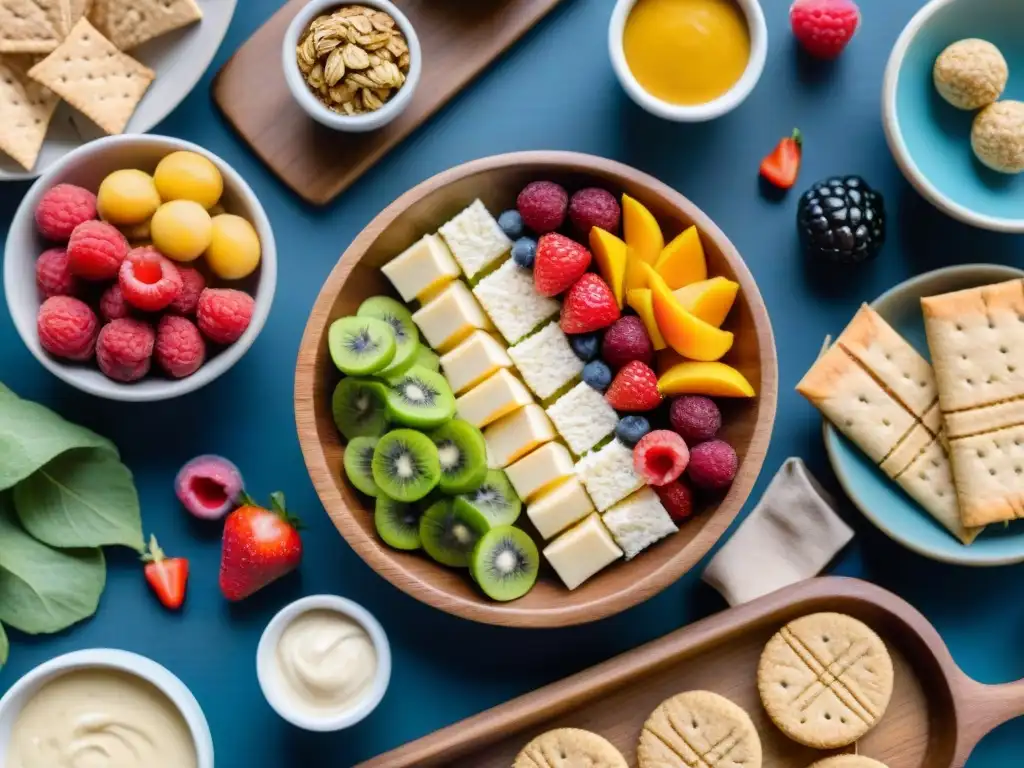 Una irresistible variedad de snacks sin gluten para niños, con colores y texturas vibrantes en una mesa de madera