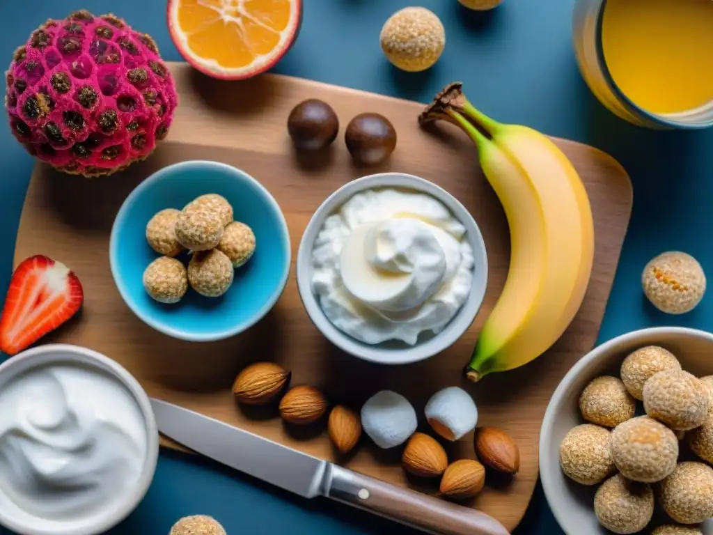 Una irresistible variedad de Snacks post entrenamiento sin gluten, frescos y coloridos en tabla de madera