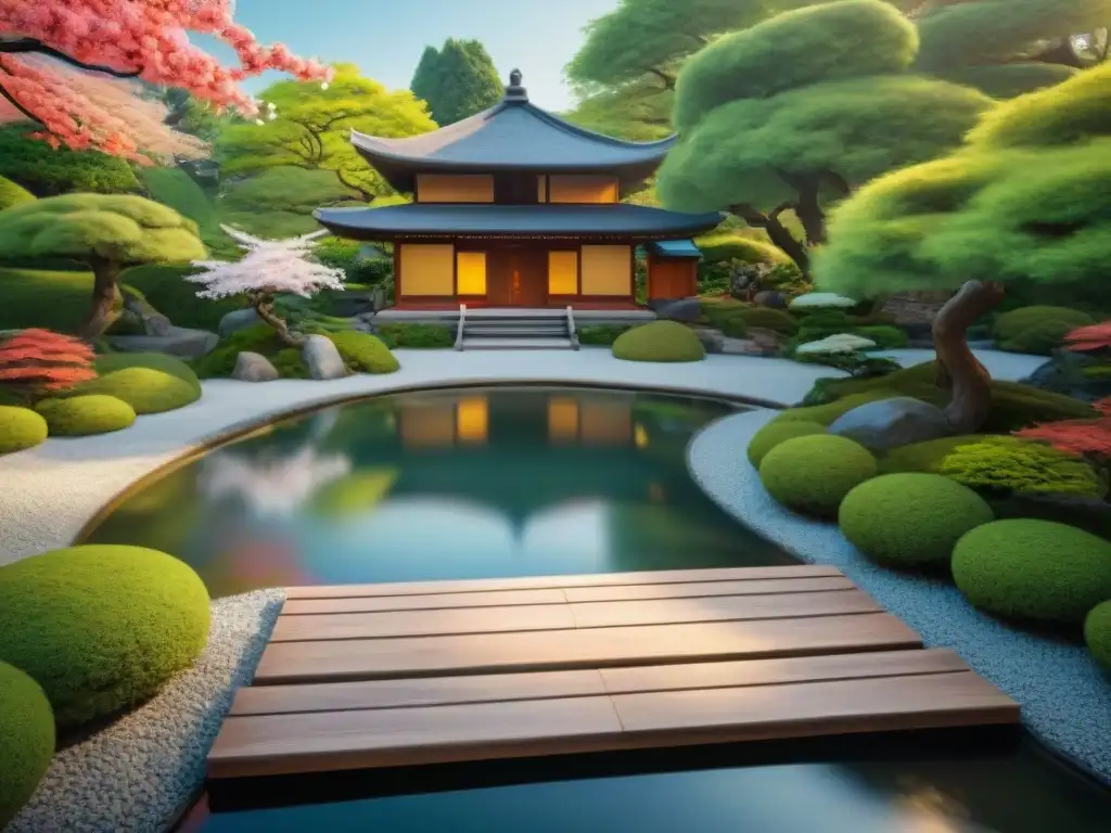 Un jardín japonés sereno con casa de té, árboles de cerezo en flor y estanque de peces koi, evocando la tradición japonesa y el sake sin gluten