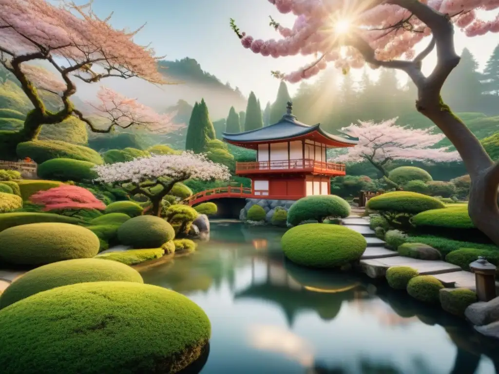 Jardín de té japonés sereno con casa de madera, estanque y árboles de cerezo