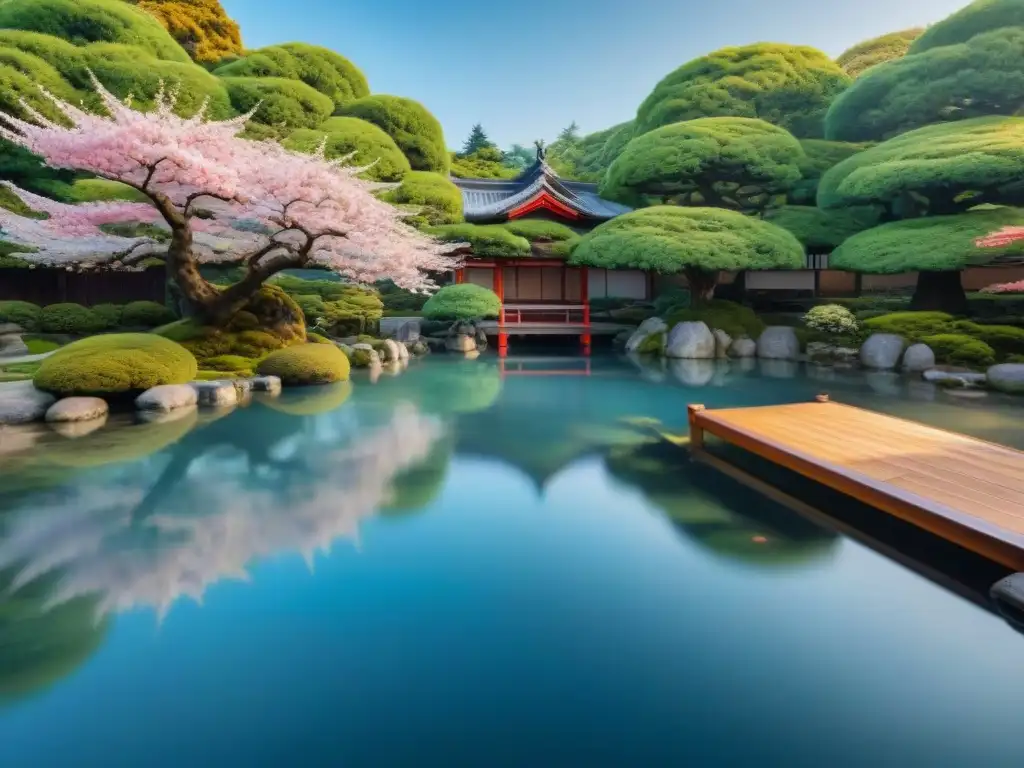 Un jardín japonés sereno con cerezos en flor, un estanque de peces koi y una casa de té de madera, ideal para un viaje culinario por Japón