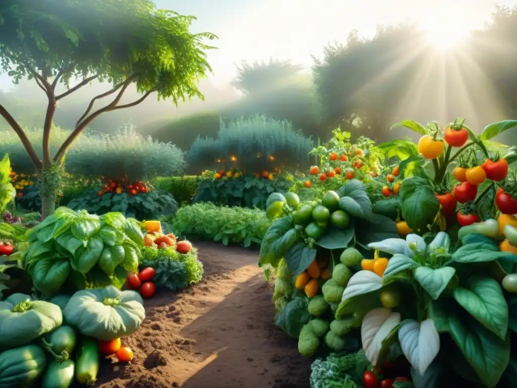 Un jardín diverso y vibrante con frutas y verduras sin gluten, resplandeciendo bajo la luz del sol