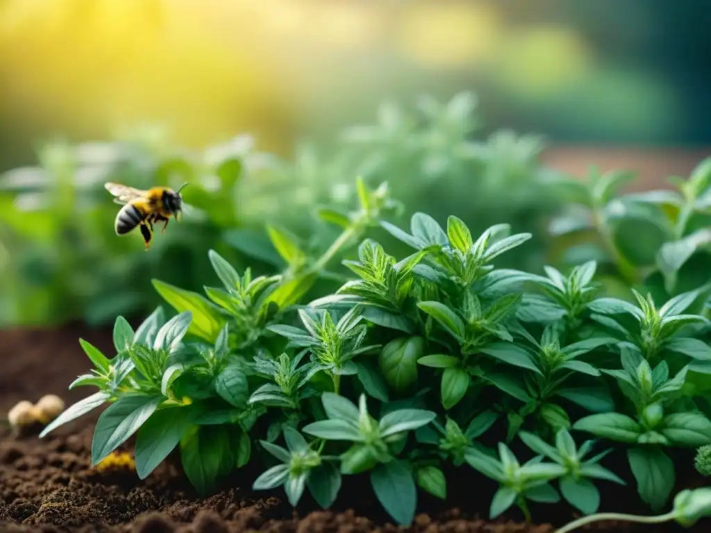 Un jardín de hierbas vibrante con ingredientes frescos sin gluten: albahaca, romero, tomillo y menta