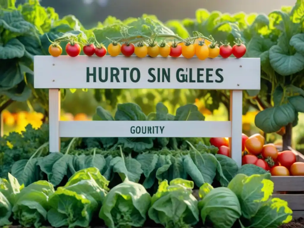 Un jardín sereno y exuberante lleno de productos sin gluten, con tomates coloridos, kale y fresas maduras