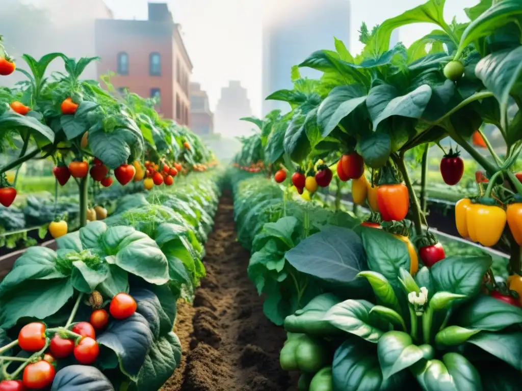 Un jardín urbano diverso rebosante de frutas y verduras sin gluten para cocinar, con colores vibrantes y frescura natural