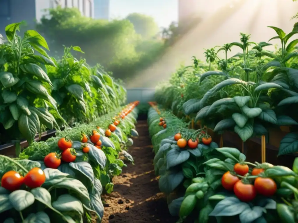 Un jardín urbano diverso y saludable, con métodos naturales de control de plagas, bañado en luz dorada