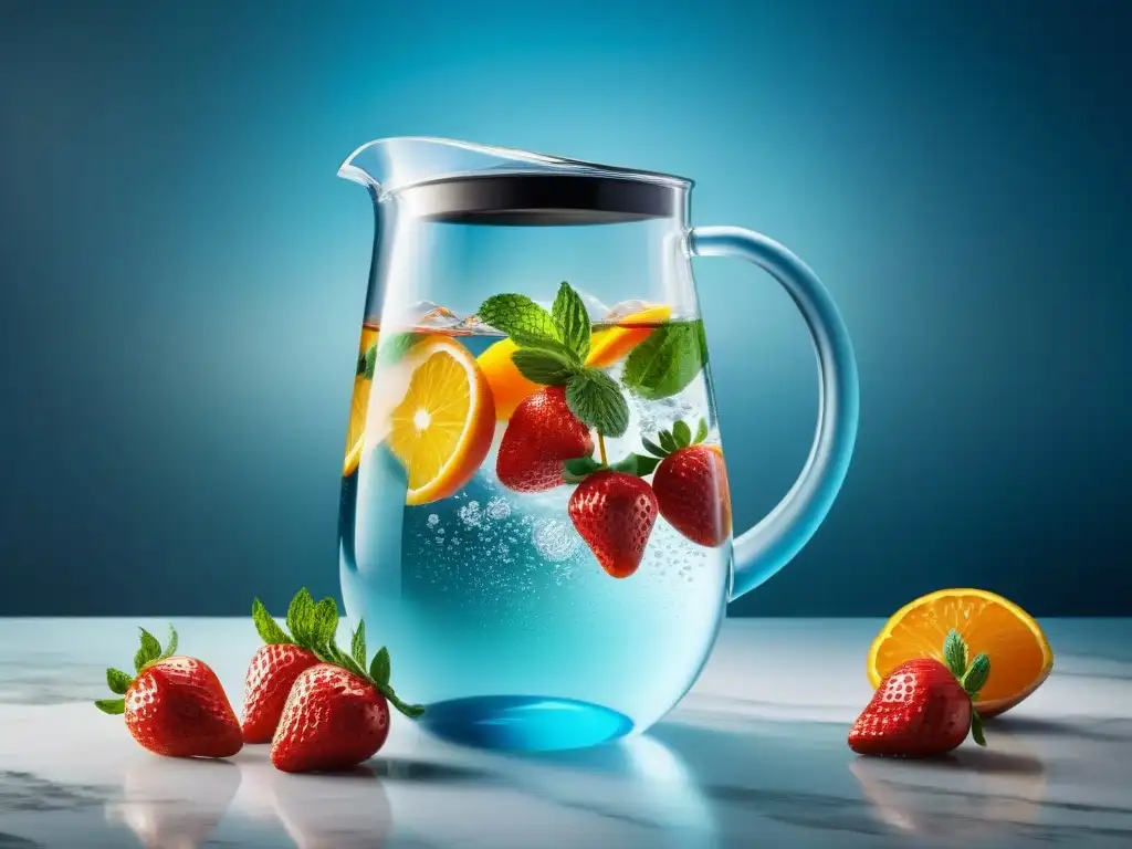 Una jarra de agua con frutas vibrantes y frescas en un elegante mostrador de mármol