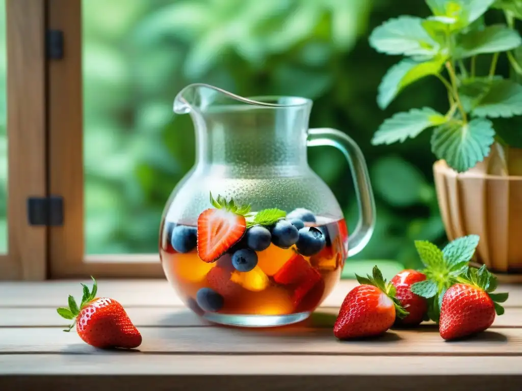 Una jarra de kéfir de agua rodeada de frutas frescas sin gluten y hojas de menta en una mesa de madera rústica