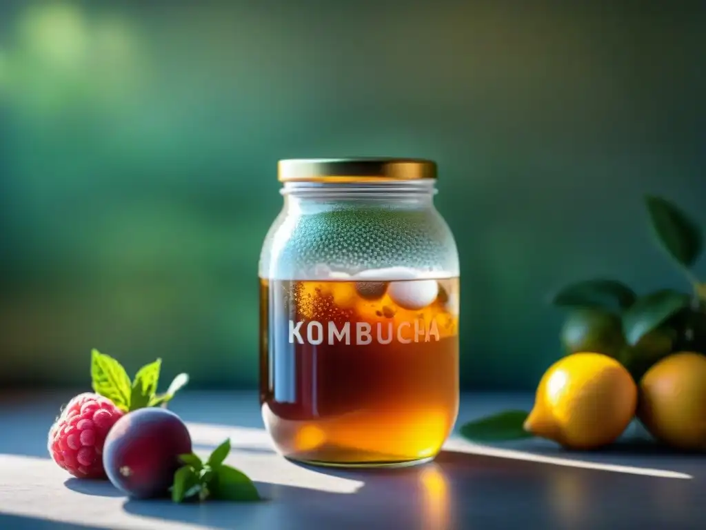 Jarra de kombucha burbujeante con frutas frescas y hierbas en la encimera soleada