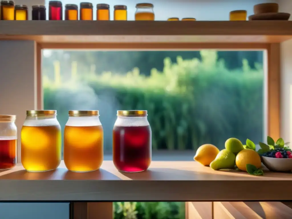 Jarra de kombucha vibrante en fermentación con frutas y hierbas, en cocina hogareña