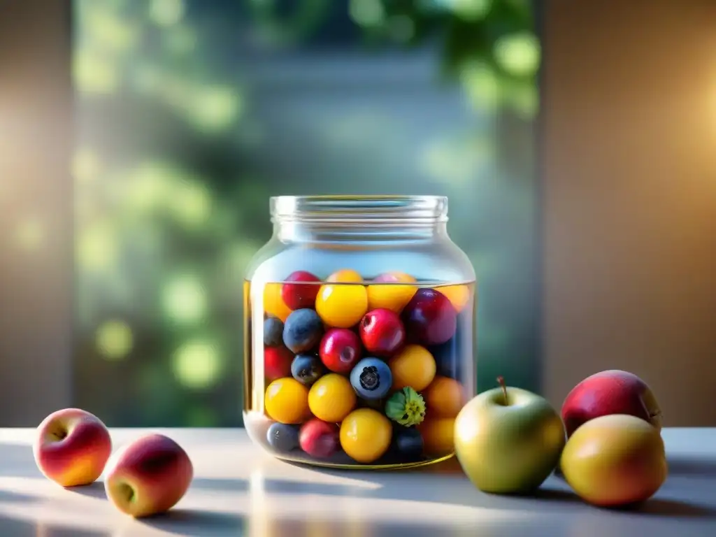 Jarra de vidrio con frutas frescas en fermentación para vinagre de frutas sin gluten