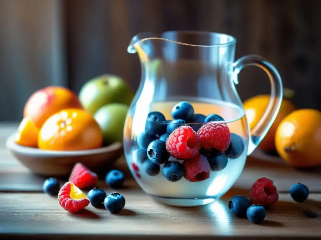 Una jarra de vidrio reluciente llena de agua de kéfir rodeada de frutas vibrantes, sobre una mesa de madera rústica