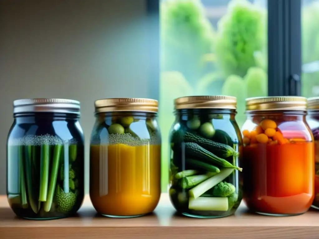 Jars llenos de vegetales fermentados sin gluten, colores vibrantes evocan frescura y salud