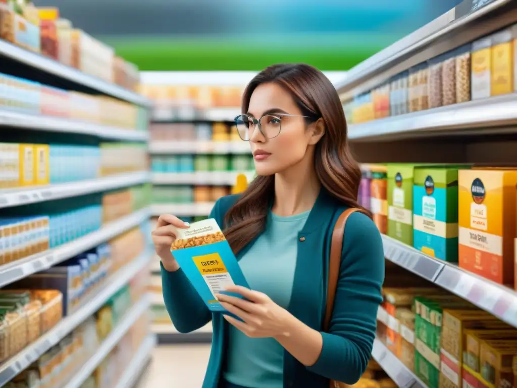 Una joven determinada revisa detenidamente el etiquetado de alimentos en un supermercado iluminado, buscando 'Gluten oculto en alimentos procesados'