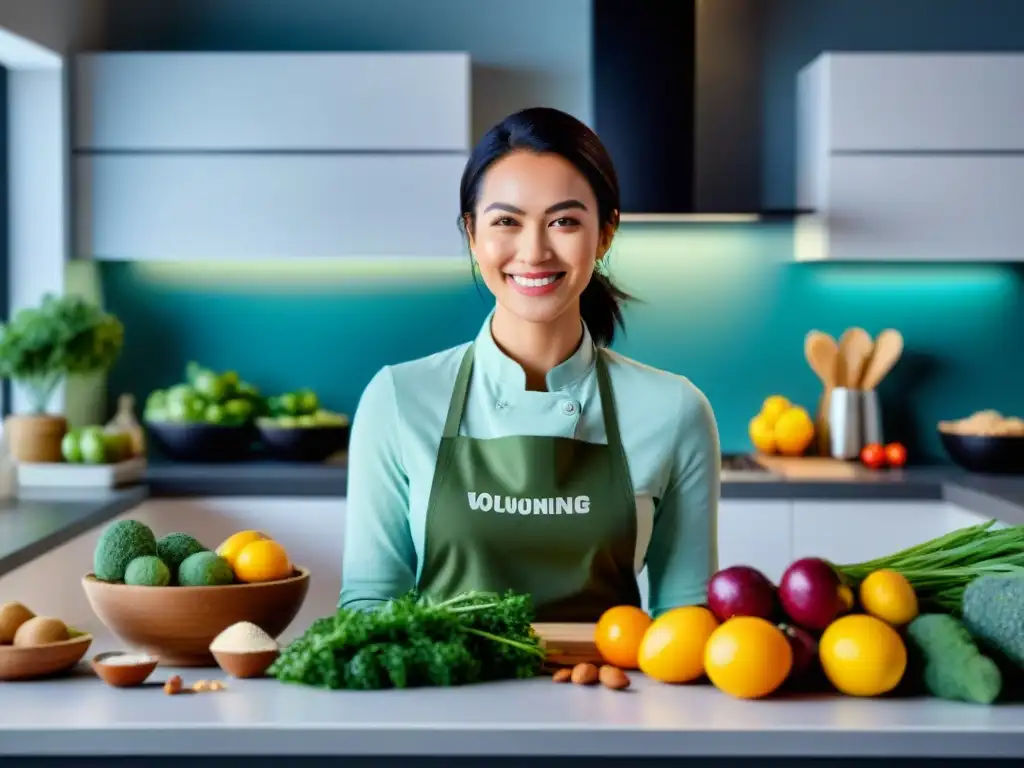 Joven emprendedora sonriente preparando ingredientes sin gluten en cocina moderna, éxito negocio saludable