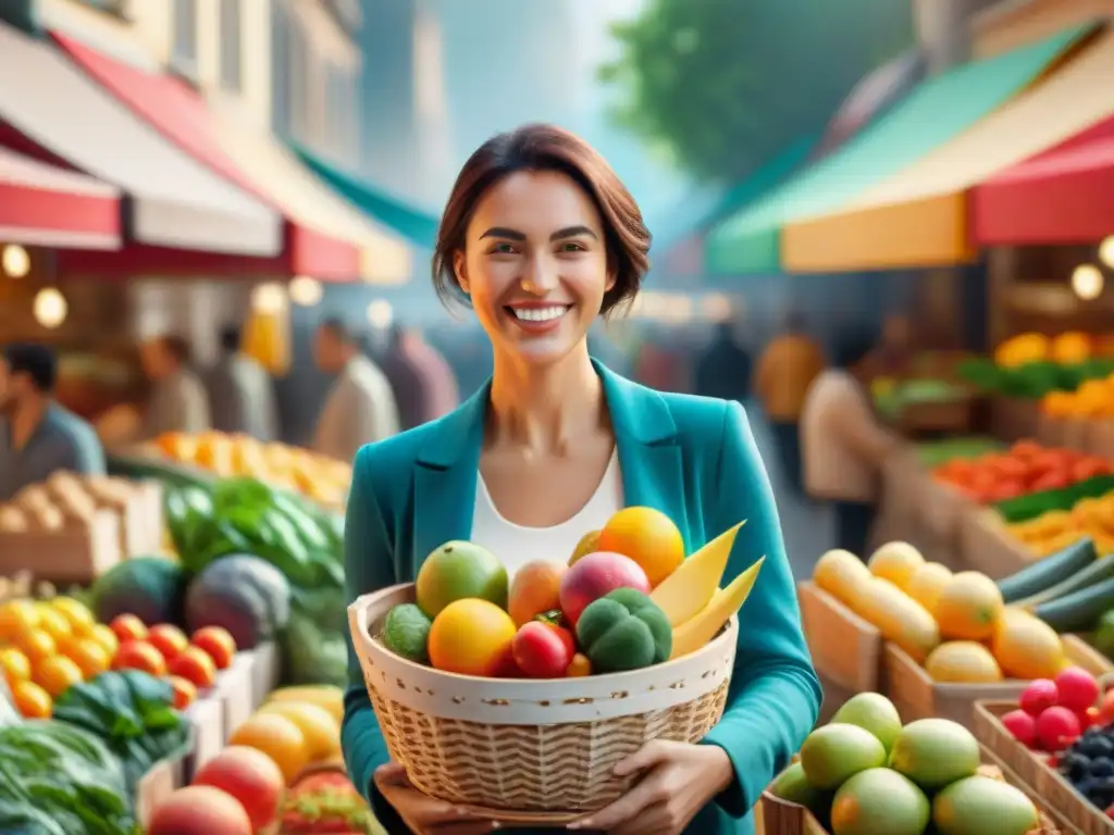 Una joven feliz elige alimentos sin gluten en un bullicioso mercado lleno de coloridas paradas de frutas y verduras frescas