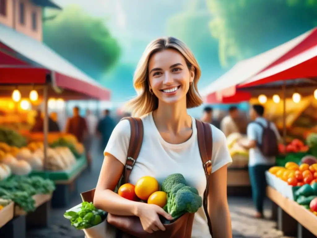 Joven feliz en mercado vibrante con cocina sin gluten recetas innovadoras, bolsa de dulces y mapa, irradiando libertad y emoción