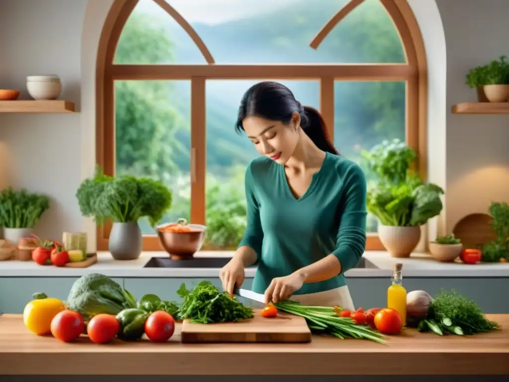 Una joven mujer asiática practica mindfulness en la cocina sin gluten, cortando verduras en un ambiente sereno y luminoso