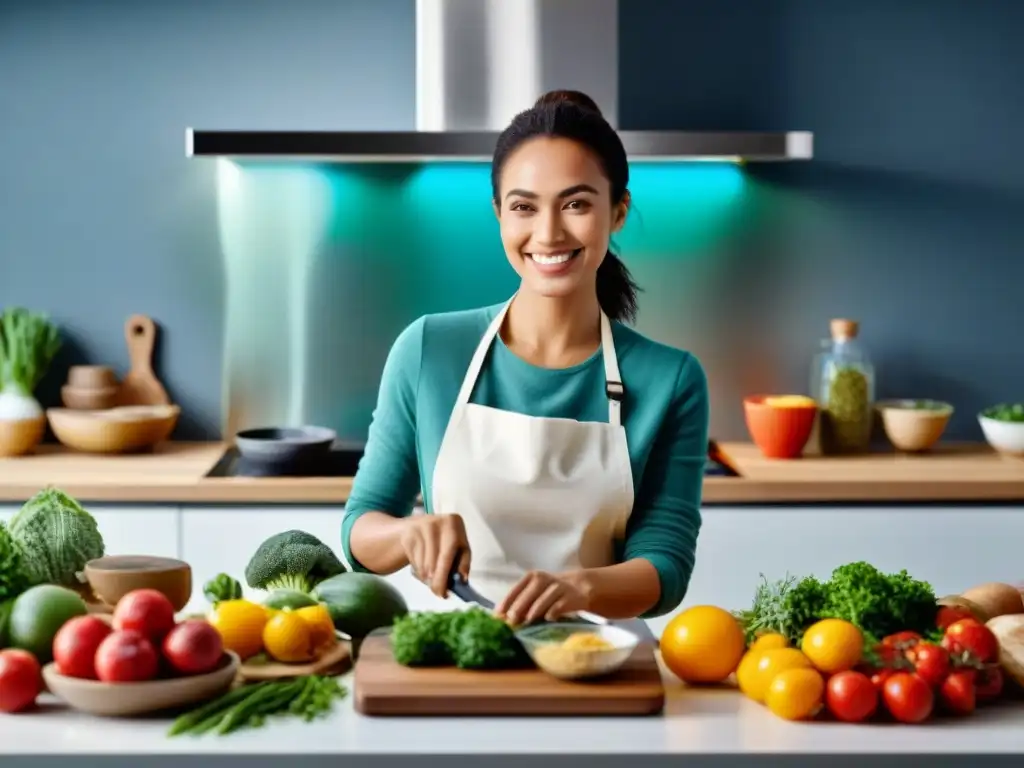 Joven mujer sonriente cocina con orgullo en una cocina moderna llena de ingredientes frescos y planes de comidas sin gluten, mostrando habilidades culinarias y tecnológicas con software de planificación