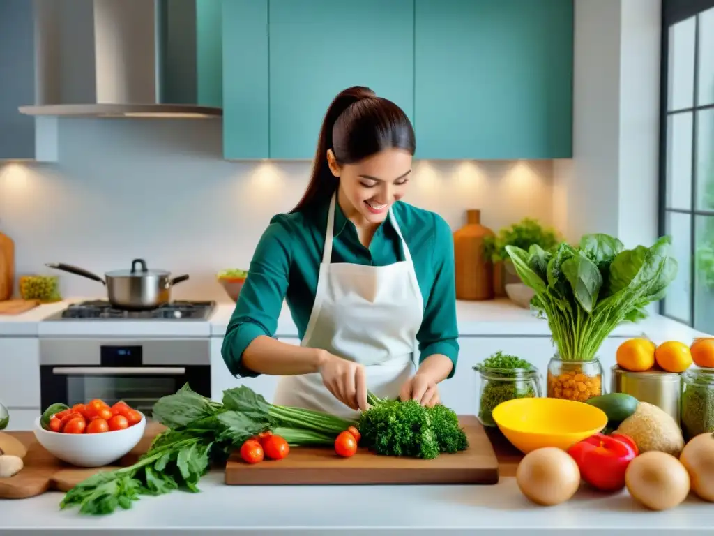 Una joven preparando platos sin gluten en una cocina moderna y luminosa