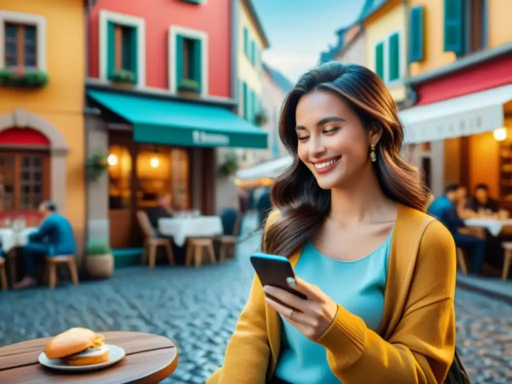 Una joven sonriente en una cafetería al aire libre en una encantadora ciudad europea, usando una app para celíacos viajeros